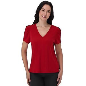 89th & Madison Red Ribbed Top with Gold Rhinestone Grommets NWT Size Large